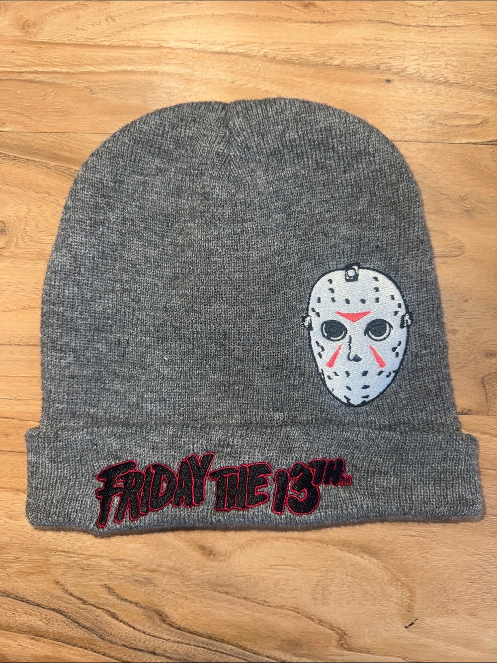 Friday the 13th Gray Knit Beanie Hat with Jason Mask Patch